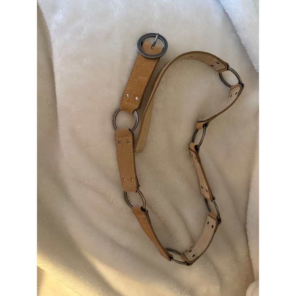 Tan Genuine Leather O-Ring Link Belt Silver Rivet Boho Western Style Large